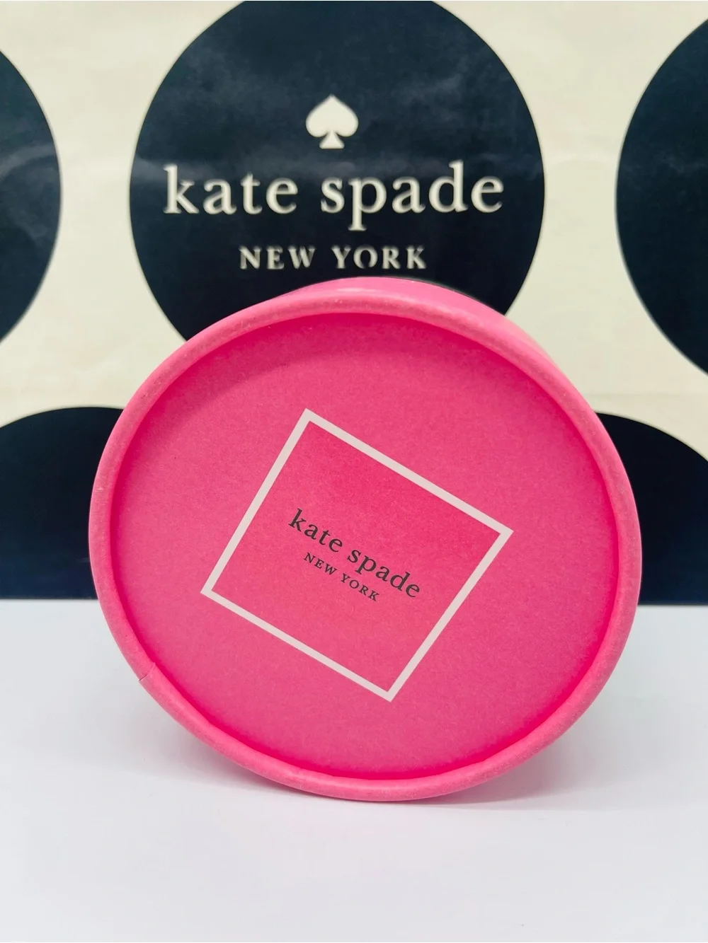 kate spade Pink and Green Round Gift Box with Gold Trim New